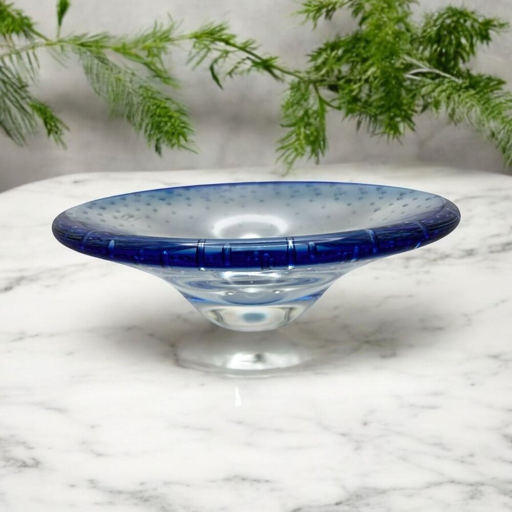 Blue Art Glass Bowl Controlled Bubbles Made in Poland